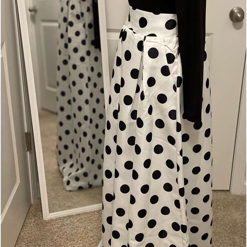 Persun Black and white polkadots long skirt.  42 inches long. Size 6